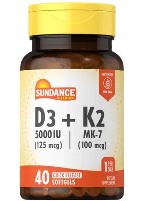 Vitamina D3 5000IU + K2 100mcg, 40 Cápsulas, Sundance