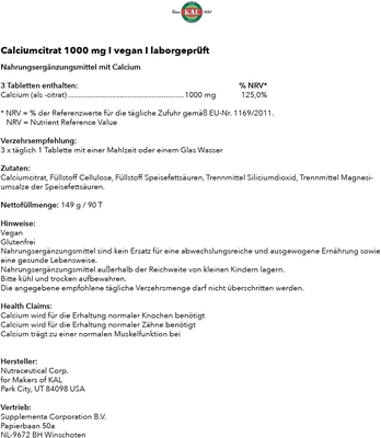 Calcium Citrate (Cálcio), 1000mg, 90 comprimidos, Kal