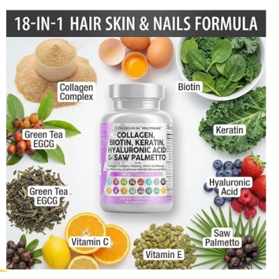 MultiMane Colágeno 1000mg com Vitaminas para Cabelo, Pele e Unhas, 90 Cápsulas, Clean Nutraceuticals