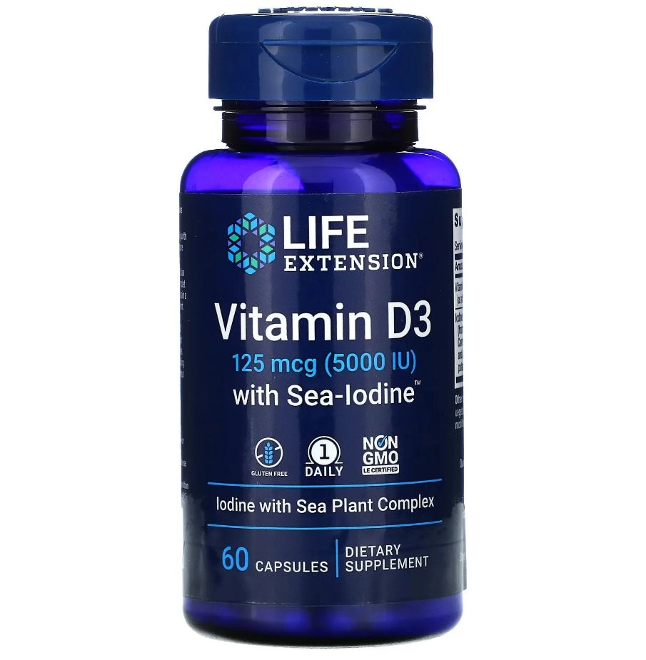 Vitamina D3 com Iodo Marinho, 125 mcg (5.000 UI), 60 Cápsulas, Life Extension
