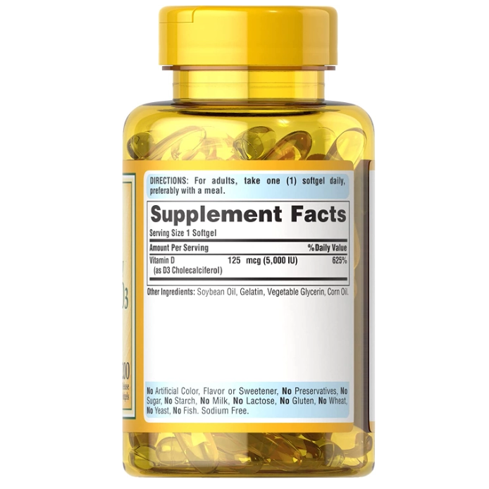 Vitamina D3, 125mcg (5.000iu), 200 Cápsulas, Puritan's Pride