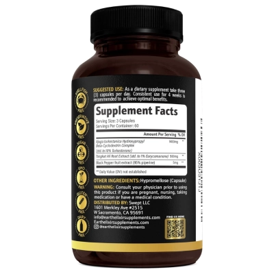 Tongkat Ali + Turkesterone 1400mg, Energia, Força e Desempenho no Treino, 180 Cápsulas, Earth Elixir