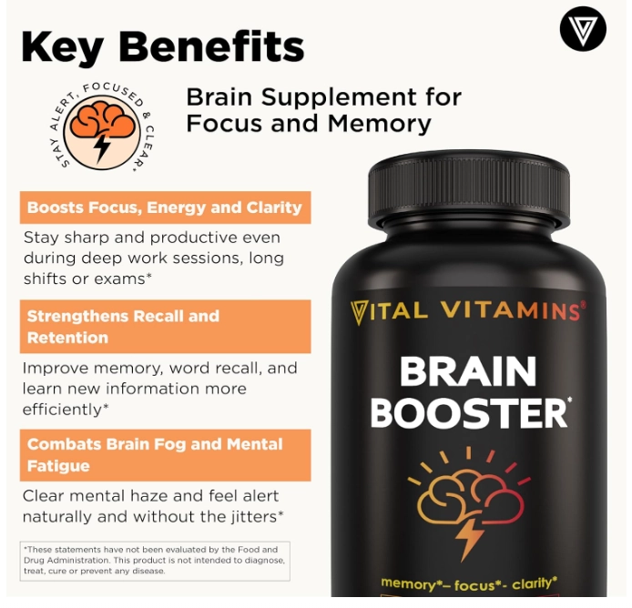 Brain Booster com Bacopa Monnieri, Memória e Foco, 30 Cápsulas, Vital Vitamins