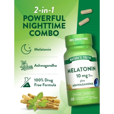 Melatonina Com Ashwagandha, 10 mg, 60 Cápsulas, Nature's Truth