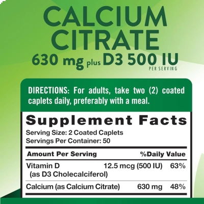 Citrato de Cálcio 630mg + Vitamina D3 500UI, 100 Comprimidos, Nature's Truth