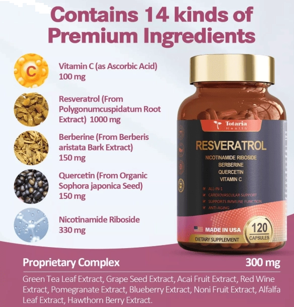 Resveratrol com Berberina, Quercetina, Vitamina C e Niacinamida, 120 Cápsulas, Totaria Health