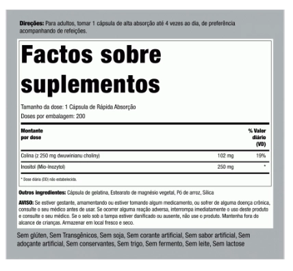 Choline Insitol 500mg, 200 Cápsulas, Piping Rock