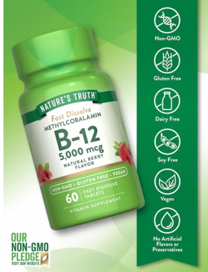 Vitamina B-12 5000mcg Metilcobalamina, 60 comprimidos Sabor Morango, Nature's Truth