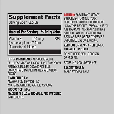 Vitamina K2, 100mg, 65 cápsulas, Amazon Elements