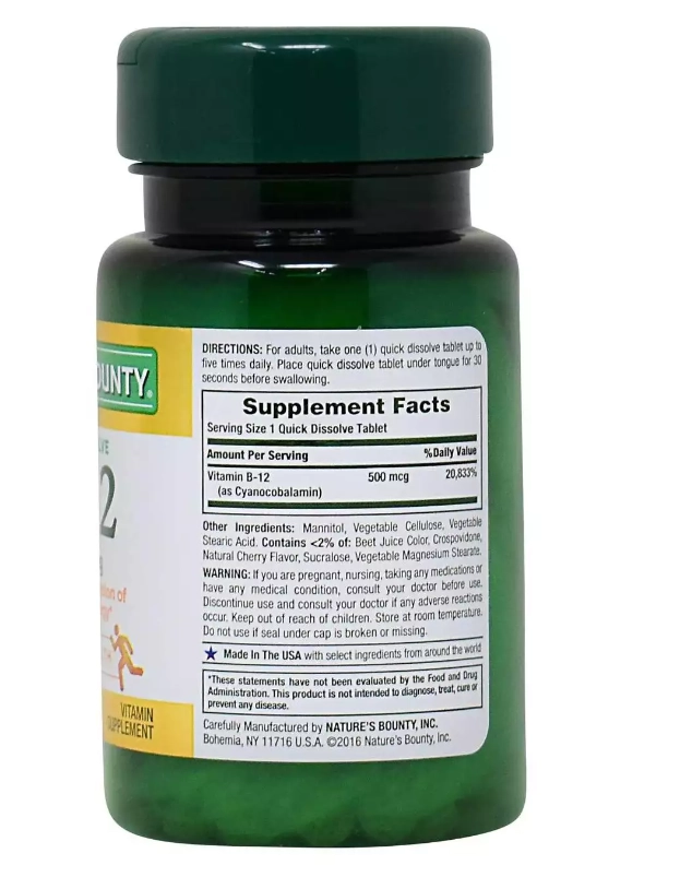 Vitamina B12, 500mcg, 100 Comprimidos, Nature's Bounty