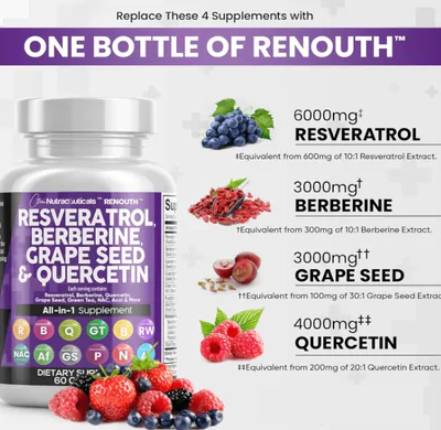 Suplemento de Polifenol, Resveratrol 6000mg, Berberina, Semente de Uva, Quercetina e Extrato de Chá Verde, 60 cápsulas, 