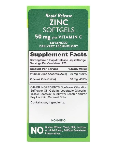 Zinco 50mg Plus Vitamina C 90mg, 120 Cápsulas, Nature's Truth