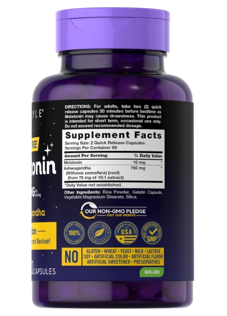 Melatonina 10mg Plus Ashwagandha, Força Tripla, 120 Cápsulas, Carlyle