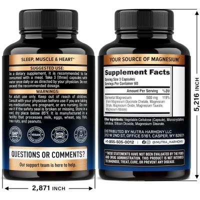 Magnésio, Complexo 5 em 1 (Glicinato, Citrato, Malato, Taurato, Óxido), 500mg, 180 Cápsulas, Nutra Harmony