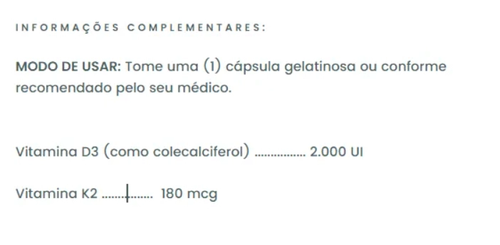 Vitamina D3 2.000UI + K2 180mcg, 60 Cápsulas, Earth's Creation