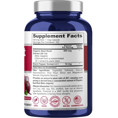Beet Root, Extrato 20:1 com Pimenta Preta, 400mg, 200 Cápsulas, NusaPure