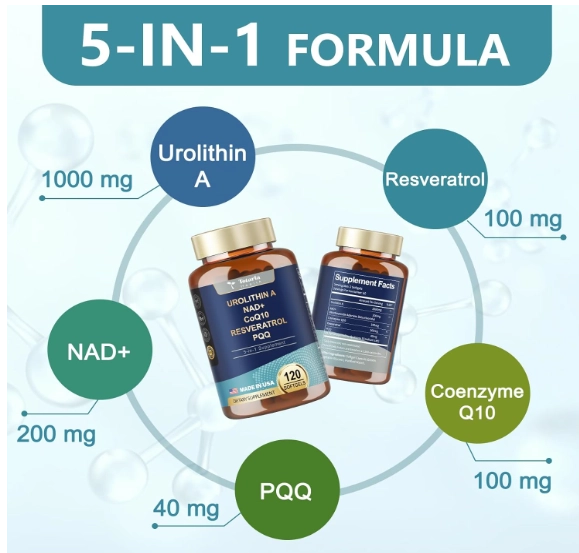 Urolitin 1000mg com NAD+, CoQ10, Resveratrol e PQQ, 120 Softgels, Totaria Health