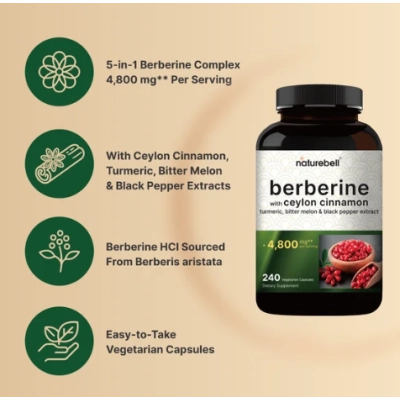 Berberina 4800mg com Complexo de Canela do Ceilão, 240 cápsulas, NatureBell