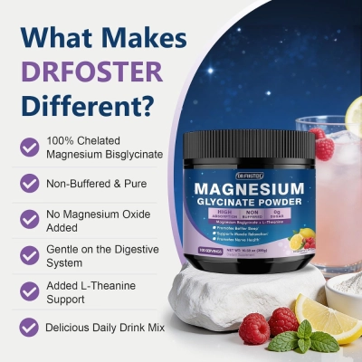 Magnesium Glycinate Powder, Sabor Framboesa e Limão, 300g, Dr Foster