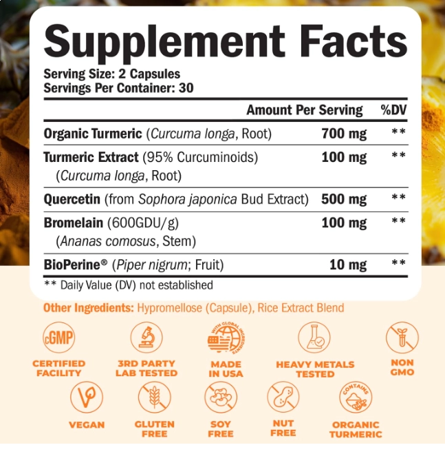 Turmeric com Quercetina e Bromelaína, 180 Cápsulas, Vimerson Health