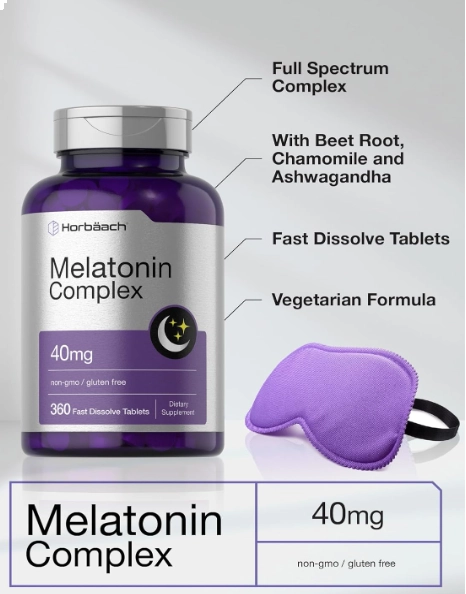 Complexo de Melatonina 40mg, com Camomila e Ashwagandha, 360 Comprimidos de Dissolução Rápida, Horbaach 