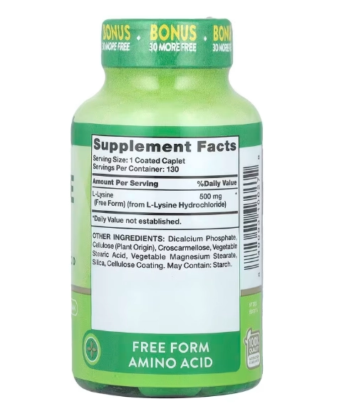 L-lisina 500mg, 130 Cápsulas, Nature's Truth
