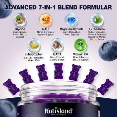 Glicina, 3000mg, Relaxamento e Recuperação, 60 Gummies, Natisland