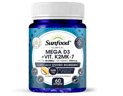 Mega Vitamina D3 + K2 Mk7, 500mg, 60 Softgels, Sunfood