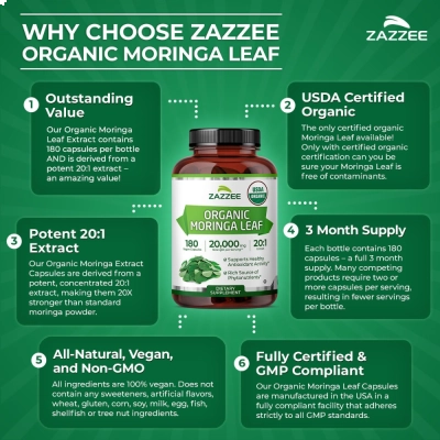 Moringa Orgânica, Superalimento para Energia, Imunidade e Equilíbrio do Organismo, 180 Cápsulas Veganas, Zazzee