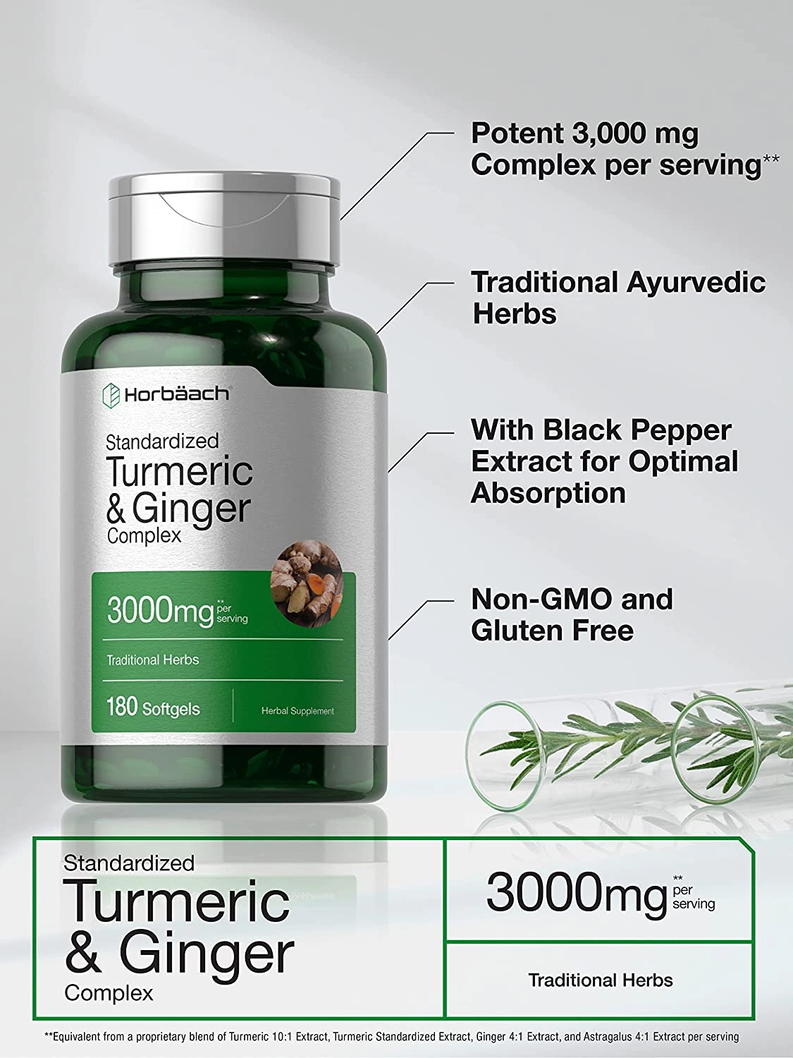 Cúrcuma, Gengibre e pimenta negra, Turmeric & ginger 3000MG, 180 capsulas, Horbaach