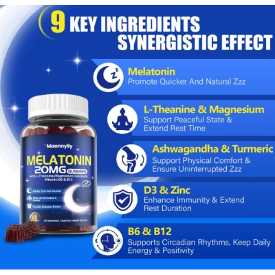 Melatonina 20mg Extra Forte,  com L-Teanina, Magnésio, Ashwagandha e Cúrcuma, 60 Gomas, Maennyliy