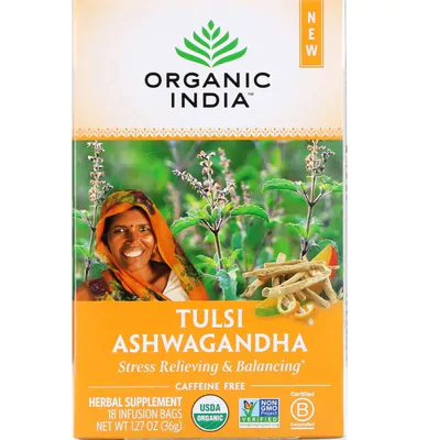 Chá ( Ulsi, Ashwagandha, Equilíbrio e Alívio do Estresse) Sem Cafeína, 18 Saquinhos, Organic India