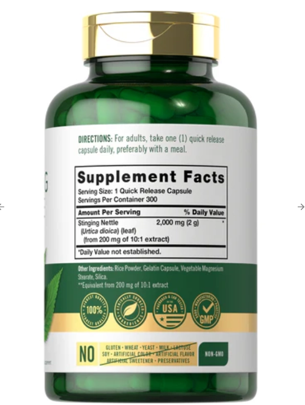 Stinging Nettle Leaf Extract, Folha de Urtiga 2000mg, 300 Cápsulas, Carlyle