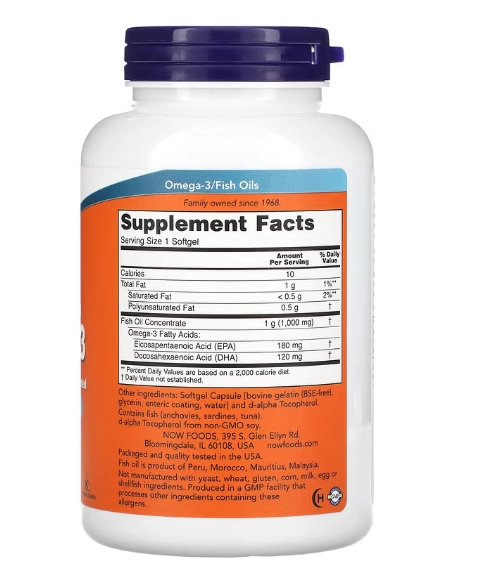 Ômega-3, EPA 180 DHA 120 , 180 Cápsulas, Now