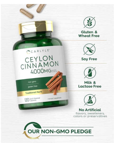 Ceylon Cinnamon, Canela do Ceilão 4000mg, 120 Cápsulas, Carlyle