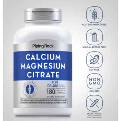 Citrato de Cálcio e Magnésio com Vitamina D3, 180 Cápsulas, PipingRock