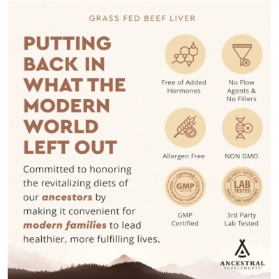 Grass Fed Beef Liver, Fígado de Boi Auxilia na produção de energia, desintoxicação e digestão, 180 Cápsulas, Ancestral Supplements