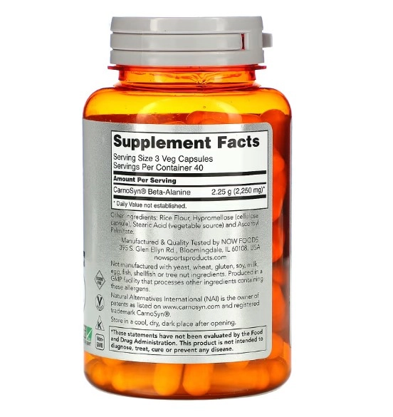 Beta alanina, 750mg, 120 cápsulas, Now