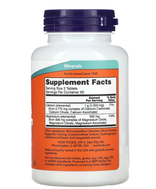 Cálcio 1000mg e Magnésio 500mg, 100 Comprimidos, Now
