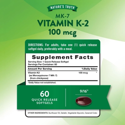 Vitamin K2 MK-7, 100mcg, 60 Softgel, Natures Truth
