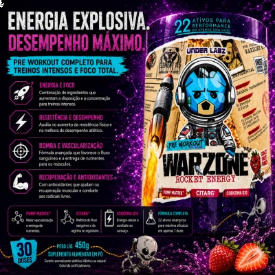 Pré-Workout Warzone Rocket Energy, 450g, Energia, Foco e Performance para Treinos Intensos, Opções, 30 Doses, Under Labz