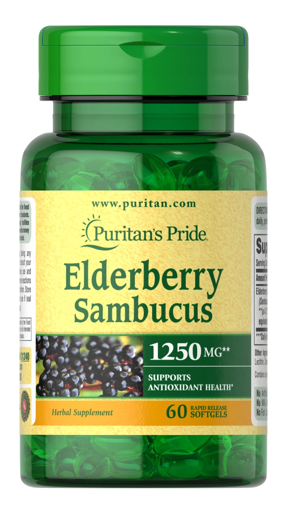 Elderberry Sambucus 1250mg (Sistema Imunológico), 60 capsulas, Puritans Pride