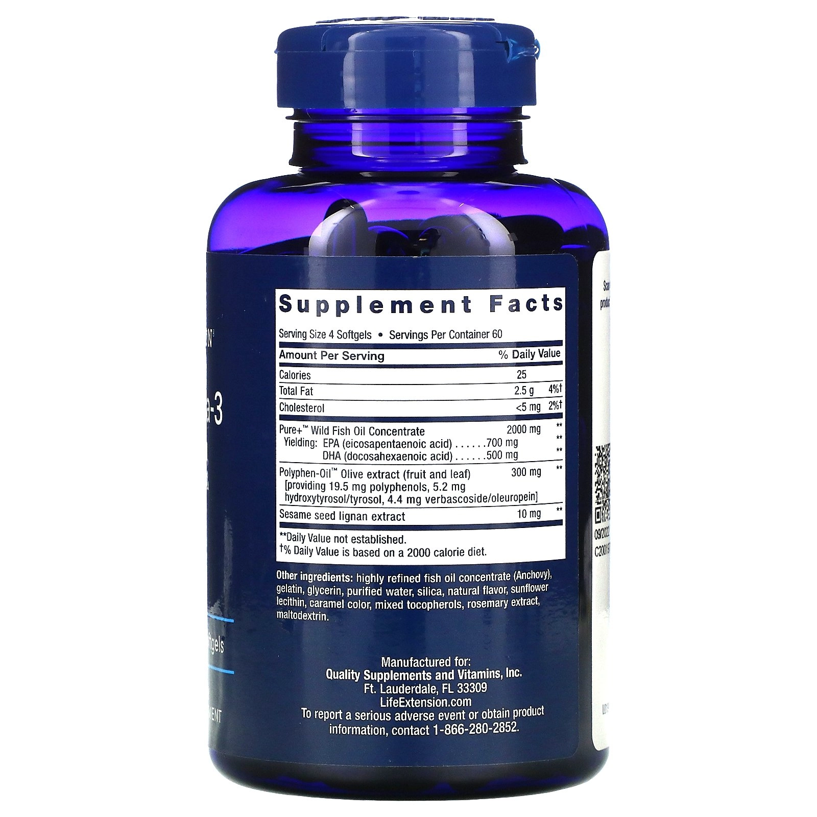 Super Omega-3, 2000 mg  com EPA 700/DHA 500 240 Cápsulas Softgel, Life Extension