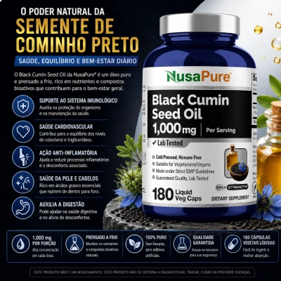 Óleo de Semente de Cominho Preto, 1000mg, Imunidade e Suporte Antioxidante, 180 Cápsulas, Nusa Pure
