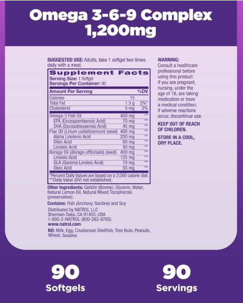 Ômega 3-6-9 Complex 1200mg, 90 Softgels Sabor Lemon, Natrol
