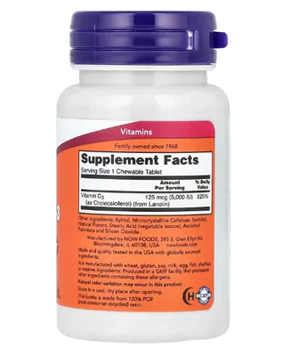 Vitamina D-3 5000UI, 120 comprimidos mastigáveis Sabor Menta, Now