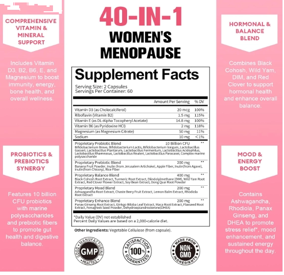 Suplementos para Menopausa 40 em 1, Com probióticos, DIM, Vitex, Dong Quai, Trevo vermelho e Vitaminas, 120 Cápsulas, To
