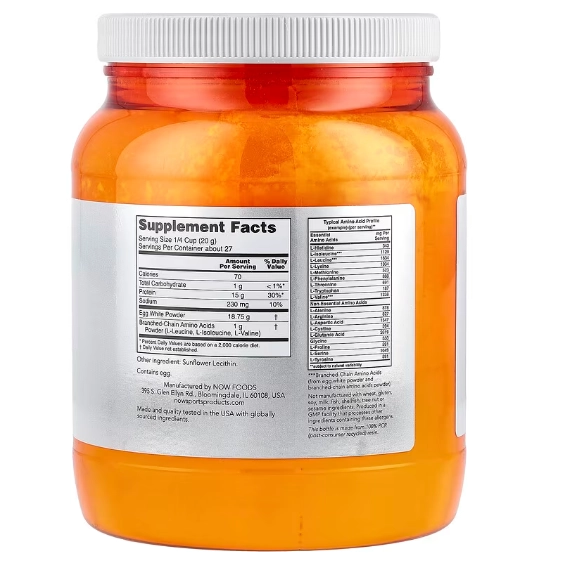 Egg White Protein, Proteína de Clara de Ovo com BCAAs, Sem sabor, 544g, Now