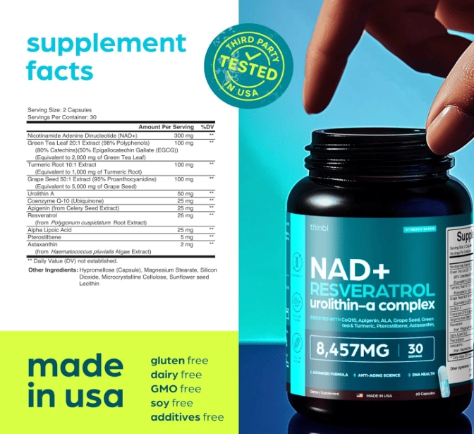 NAD+ 8,457  Lipossomal Com Resveratrol, Alfa Lipóico, CoQ10 e Chá Verde, 60 Cápsulas, Thinbi