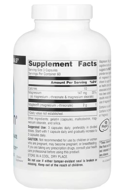 Magtein, Magnesium L-Threonate, 180 Cápsulas, Source Naturals
